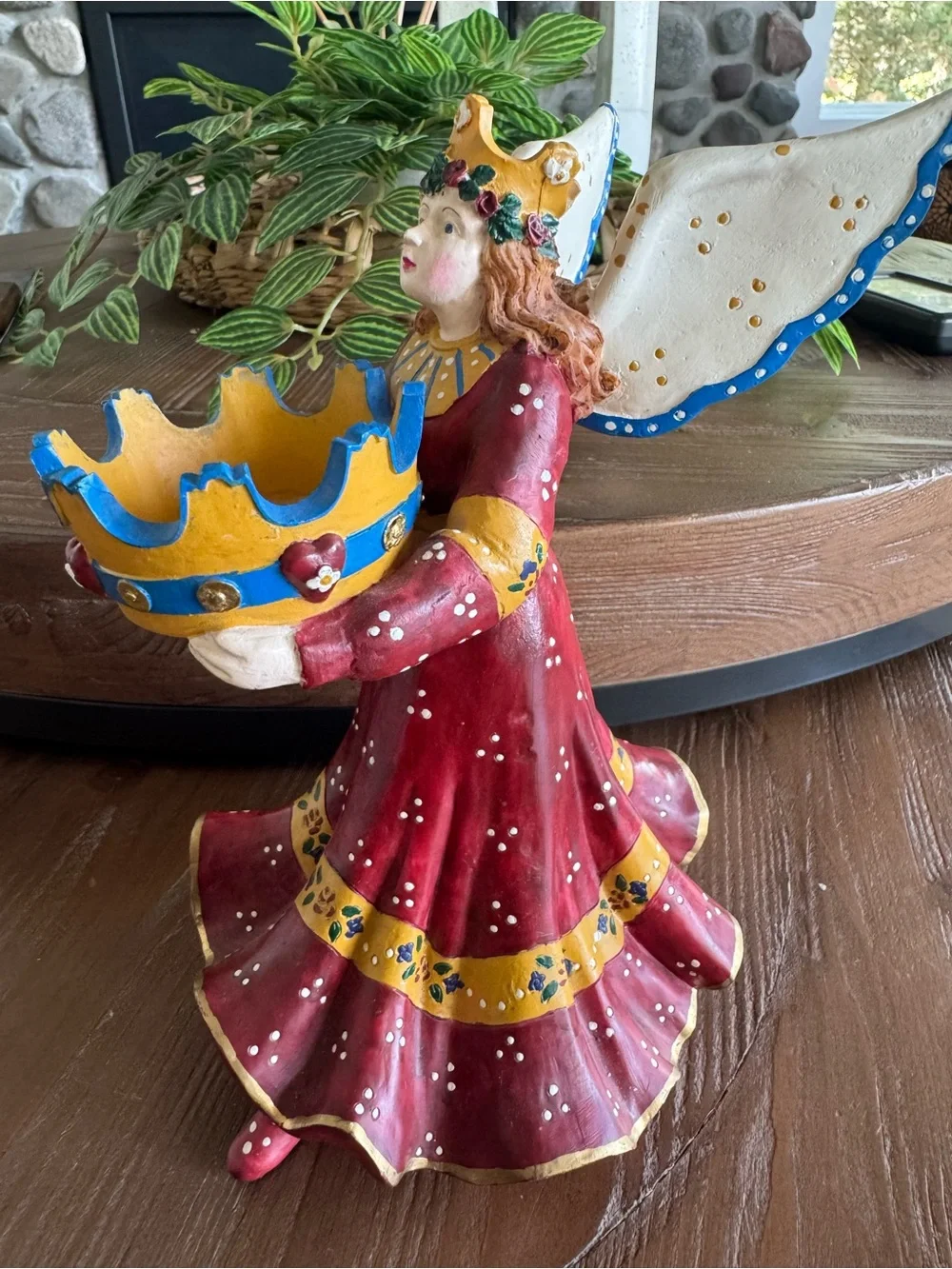 Vintage Cynthia Madrid Red Angel Figurine Candle Holder with Yellow Crown